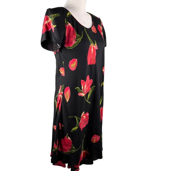 Vintage Hampton Dress Co Dress 8 Midi Black Red Tulips - Picture 4 of 12